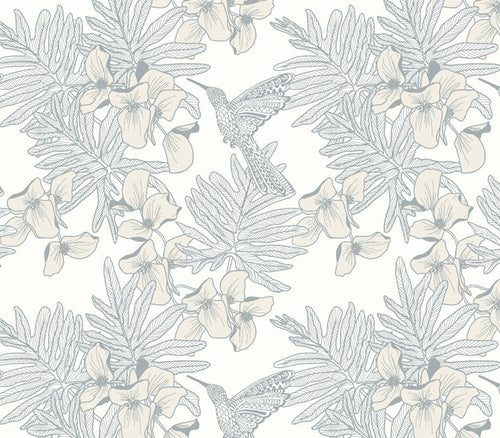 Hummingbird Mist Grey Luxury Floral Wallpaper