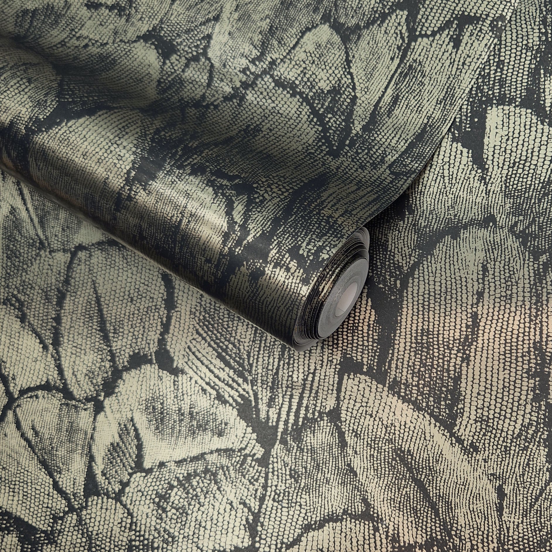 Tranquil Jet Black and Gold Foil Luxury Feather Wallpaper