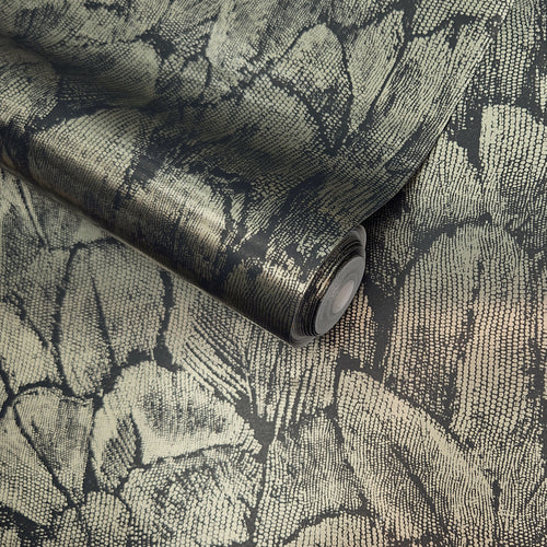 Tranquil Jet Black and Gold Foil Luxury Feather Wallpaper