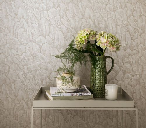 Tranquil Pearl Cream Luxury Feather Wallpaper