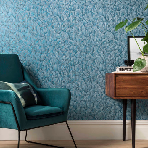 Tranquil Lagoon Blue Luxury Feather Wallpaper