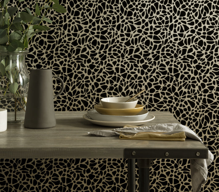 Pebble Jet Black Luxury Flock Wallpaper