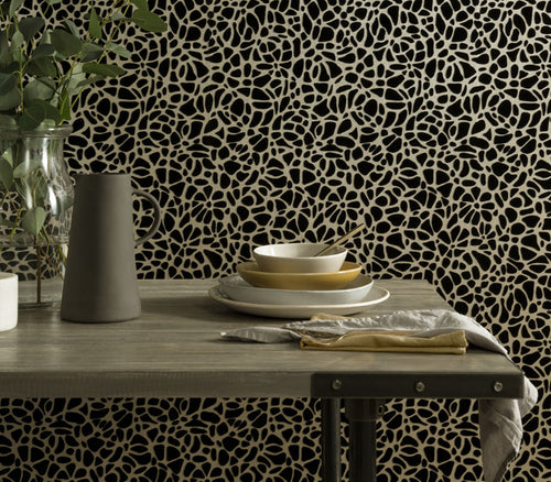 Pebble Jet Black Luxury Flock Wallpaper