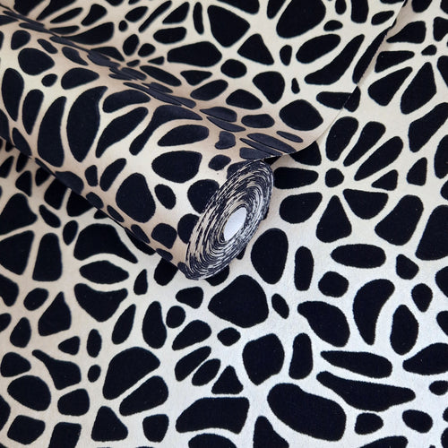 Pebble Jet Black Luxury Flock Wallpaper