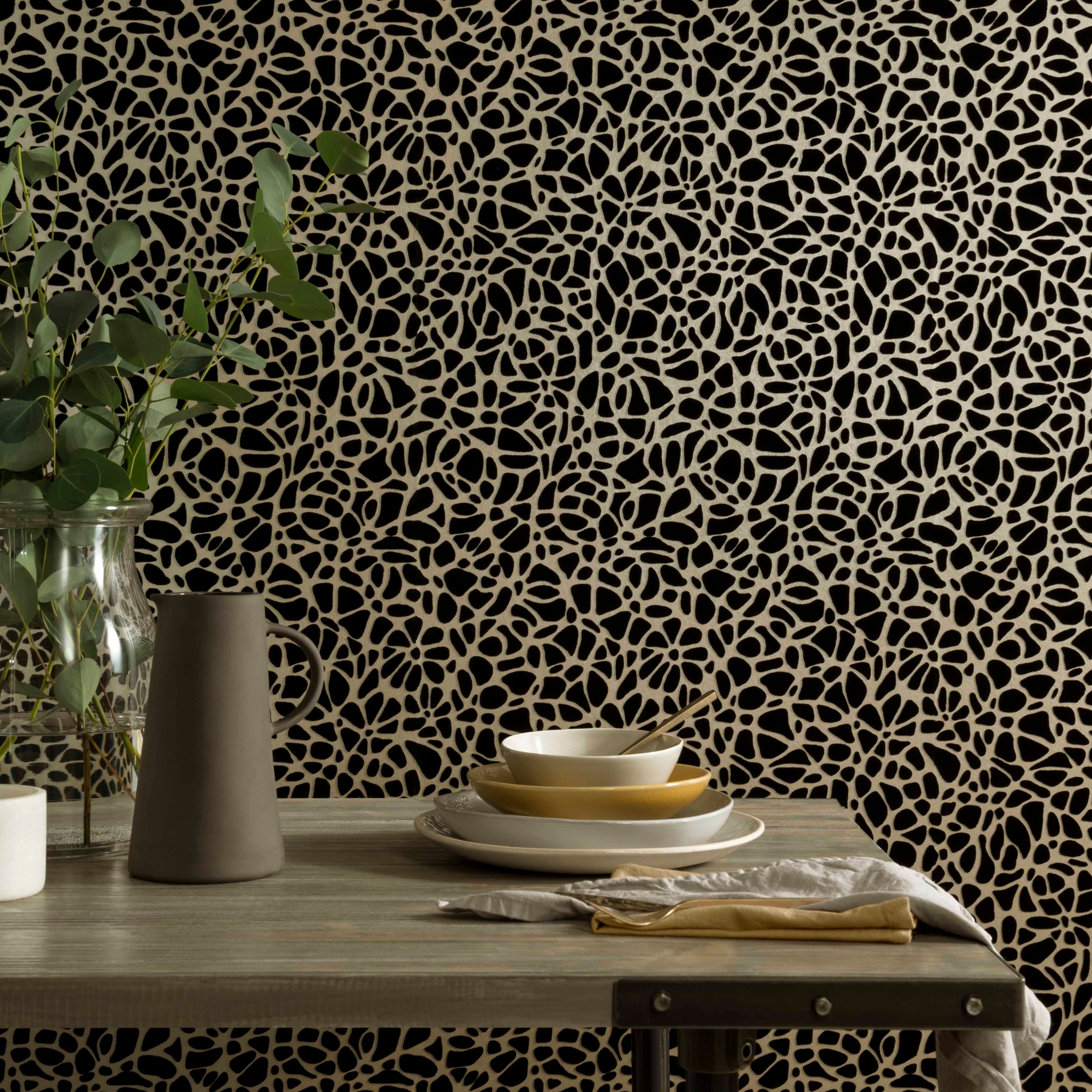 Pebble Jet Black Luxury Flock Wallpaper