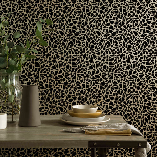 Pebble Jet Black Luxury Flock Wallpaper