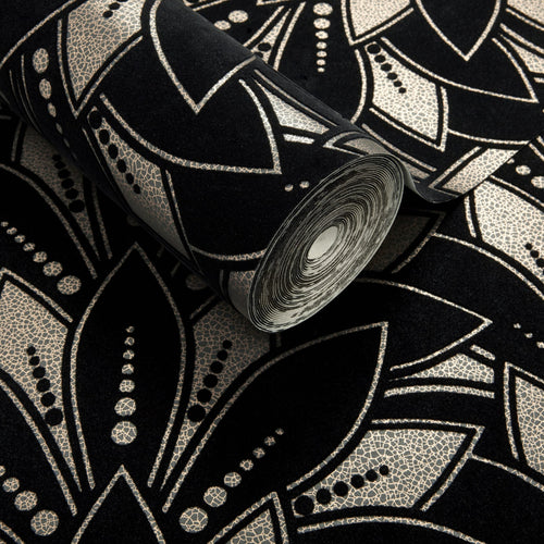Astoria Jet Black Luxury Flock Wallpaper