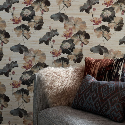 Water Lilies Bracken Luxury Floral Grasscloth Wallpaper