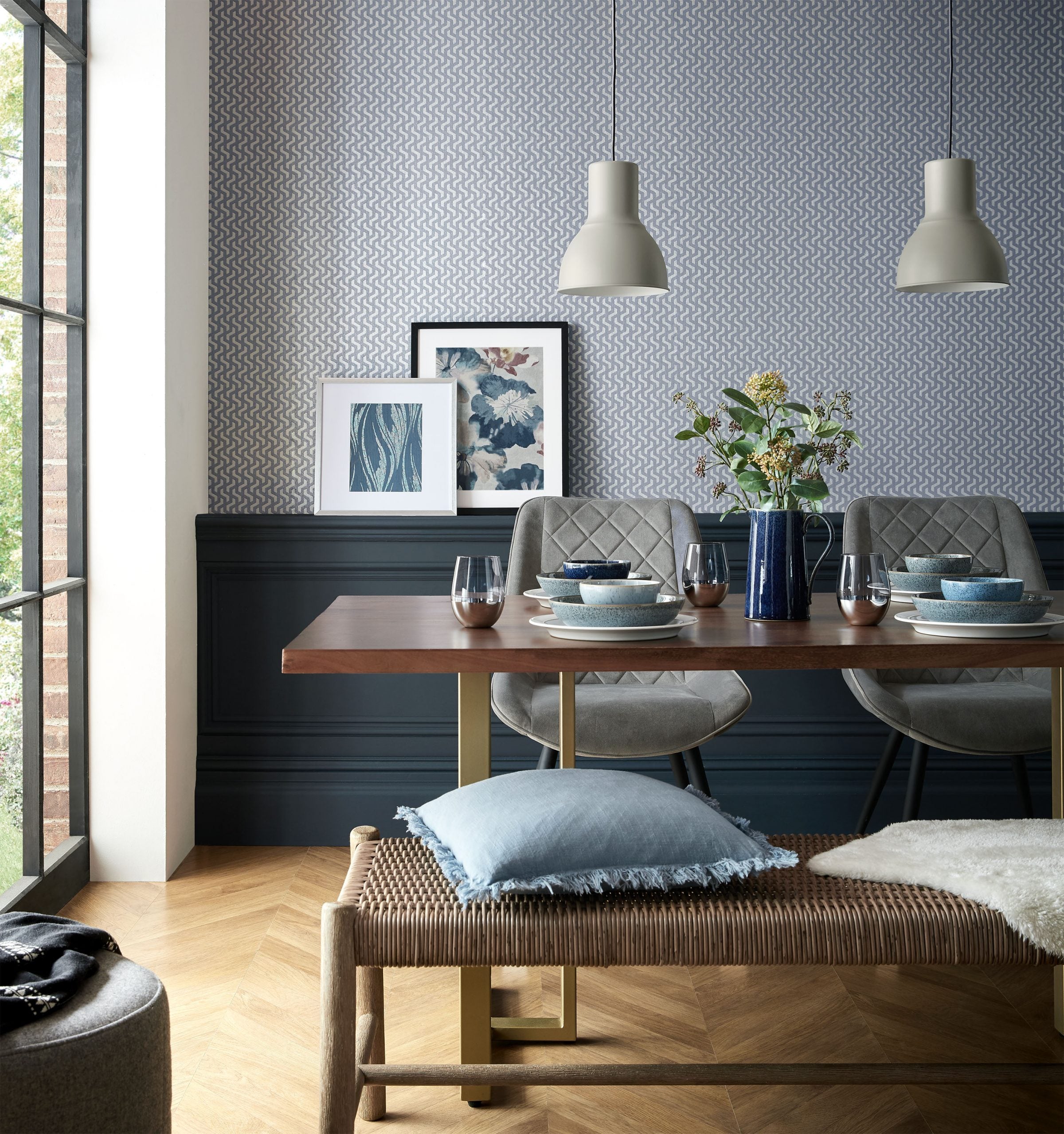 Rattan Blue Dusk Silver Luxury Geometric Wallpaper