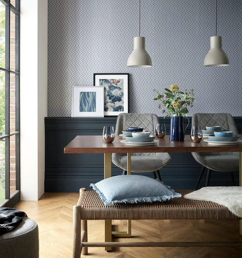 Rattan Blue Dusk Silver Luxury Geometric Wallpaper