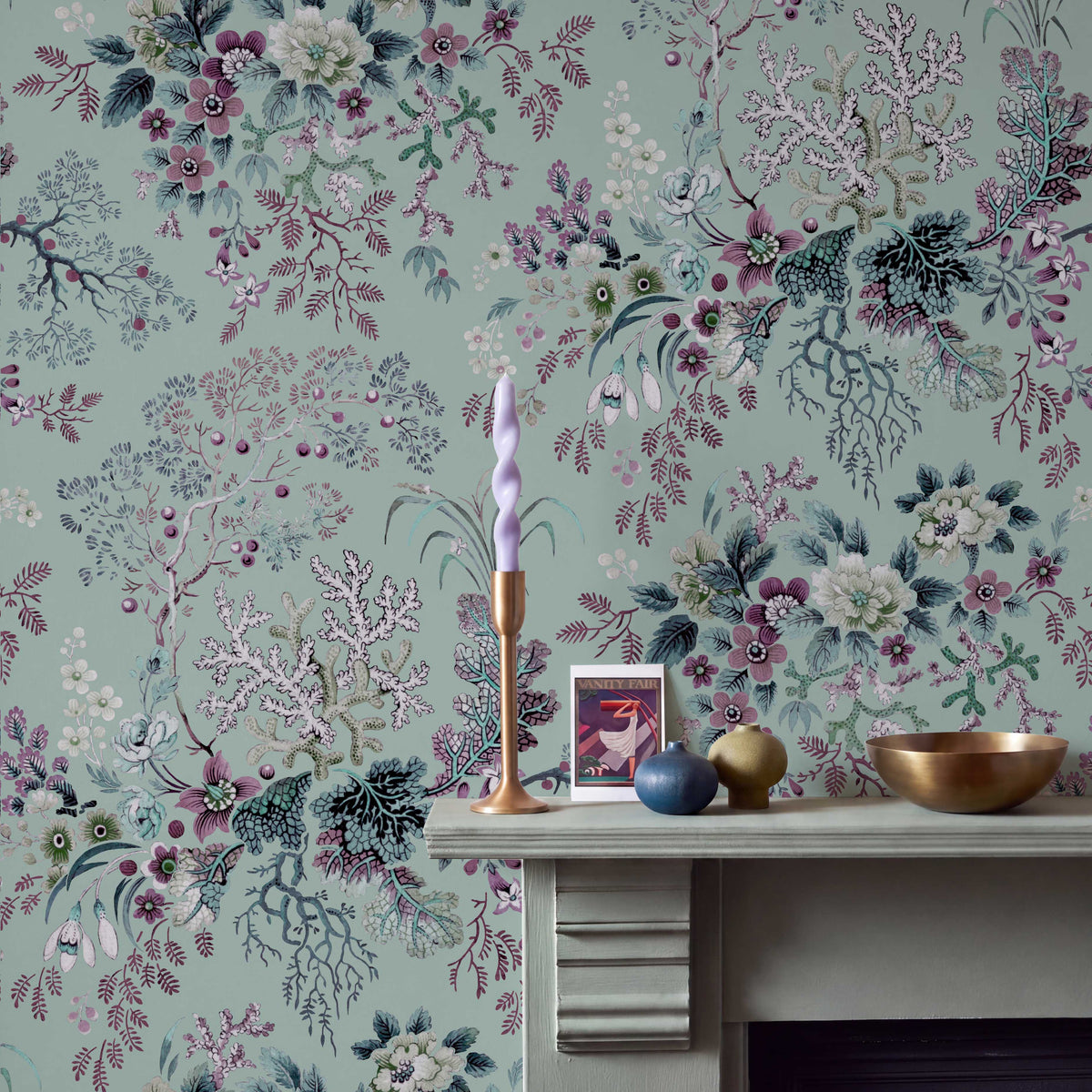 V&A Kilburn's Coral - Mist Green Wallpaper