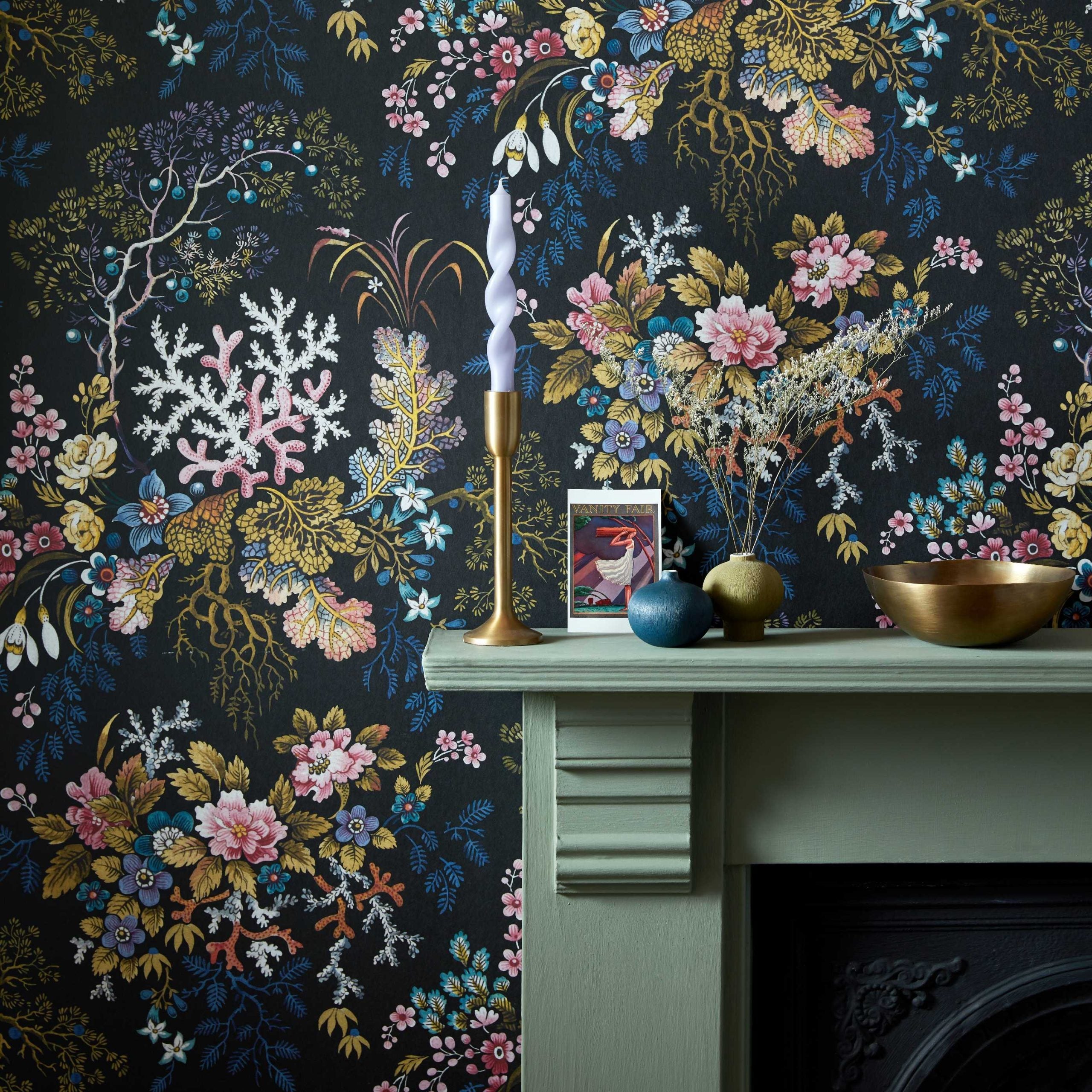 V&A Kilburn's Coral - Midnight Black Wallpaper