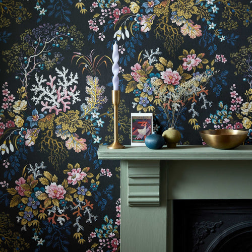 V&A Kilburn's Coral - Midnight Black Wallpaper