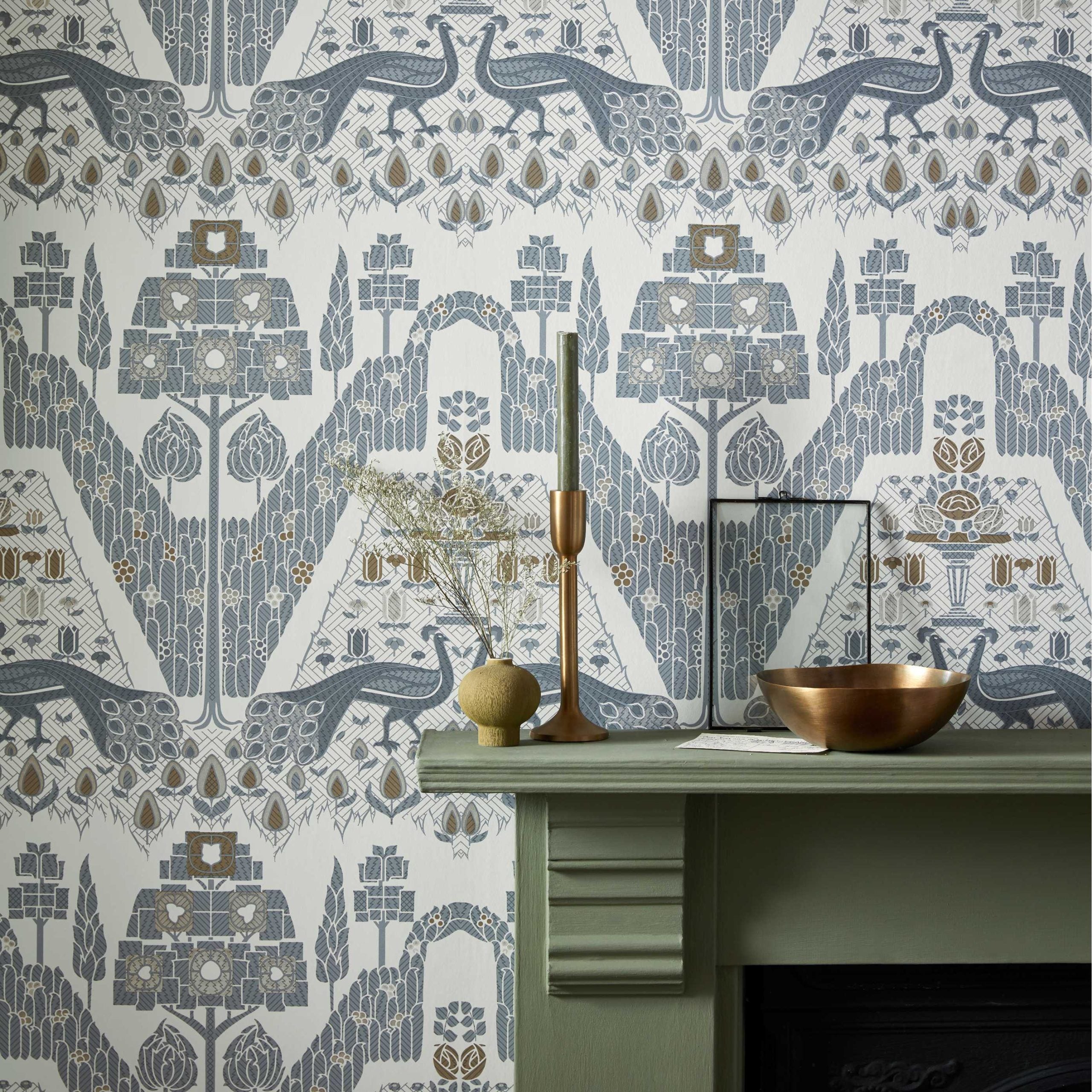 V&A Peacock Topiary - Monochrome Wallpaper