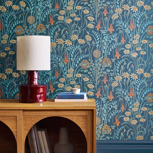 V&A Flower Meadow - Prussian Blue Wallpaper