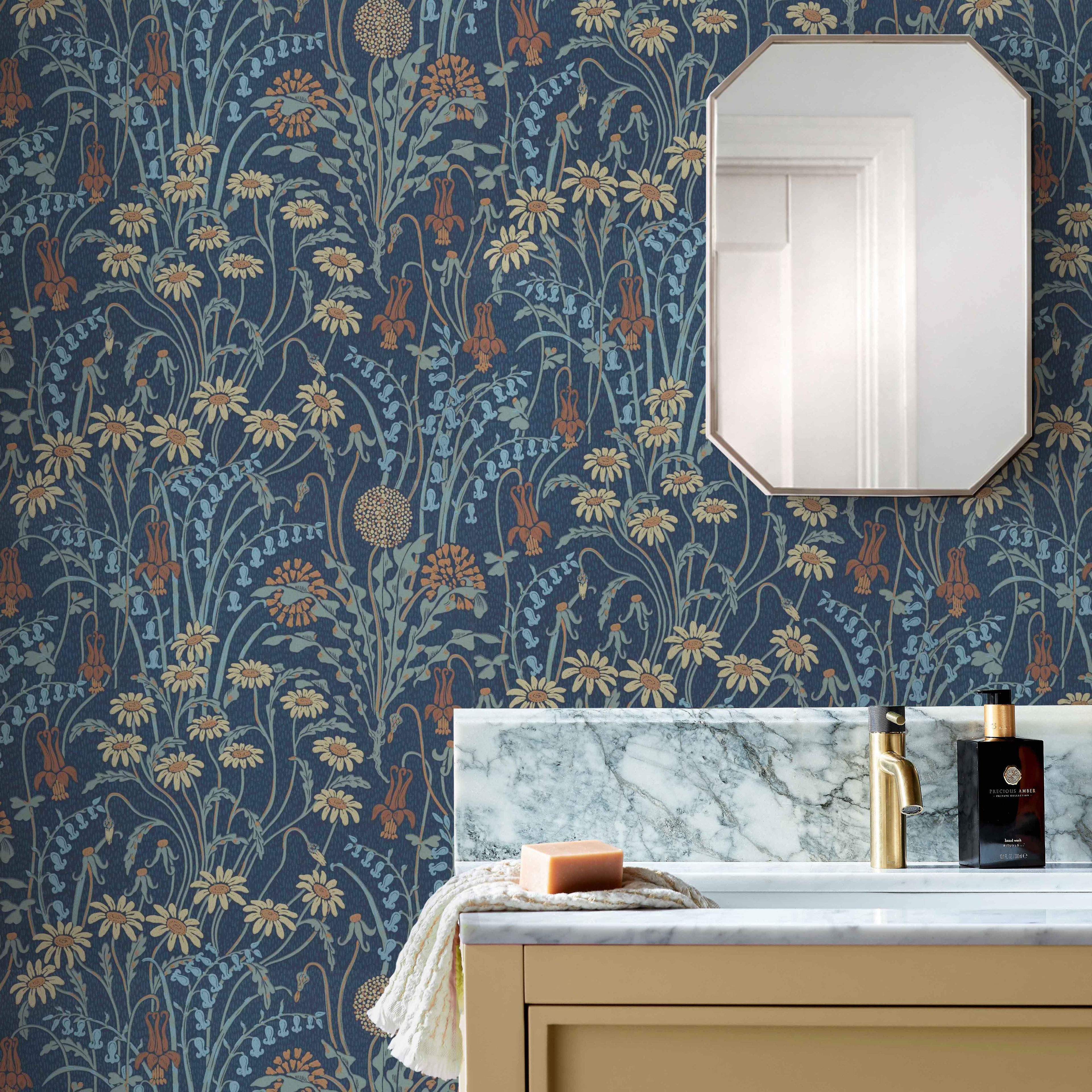 V&A Flower Meadow - Prussian Blue Wallpaper