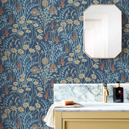 V&A Flower Meadow - Prussian Blue Wallpaper