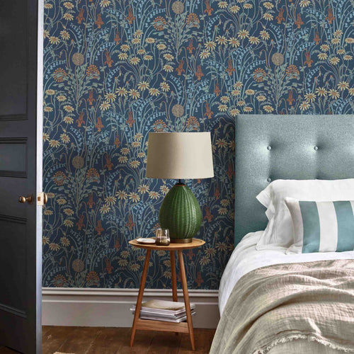 V&A Flower Meadow - Prussian Blue Wallpaper