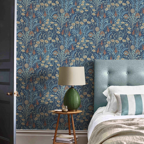 V&A Flower Meadow - Prussian Blue Wallpaper