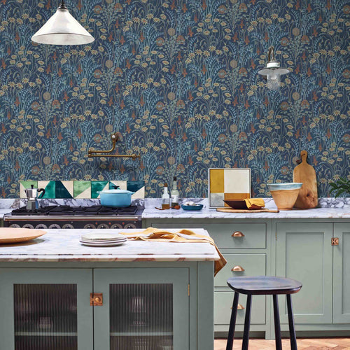 V&A Flower Meadow - Prussian Blue Wallpaper
