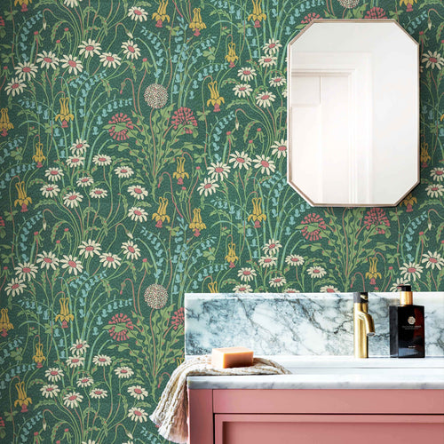 V&A Flower Meadow - Forest Green Wallpaper