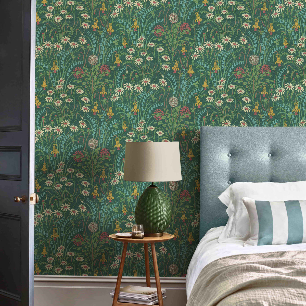 V&A Flower Meadow - Forest Green Wallpaper