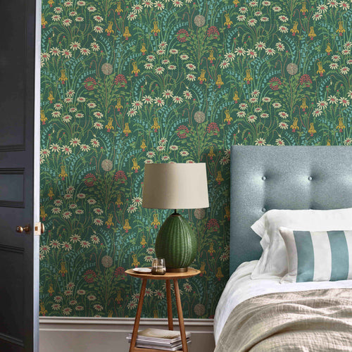 V&A Flower Meadow - Forest Green Wallpaper