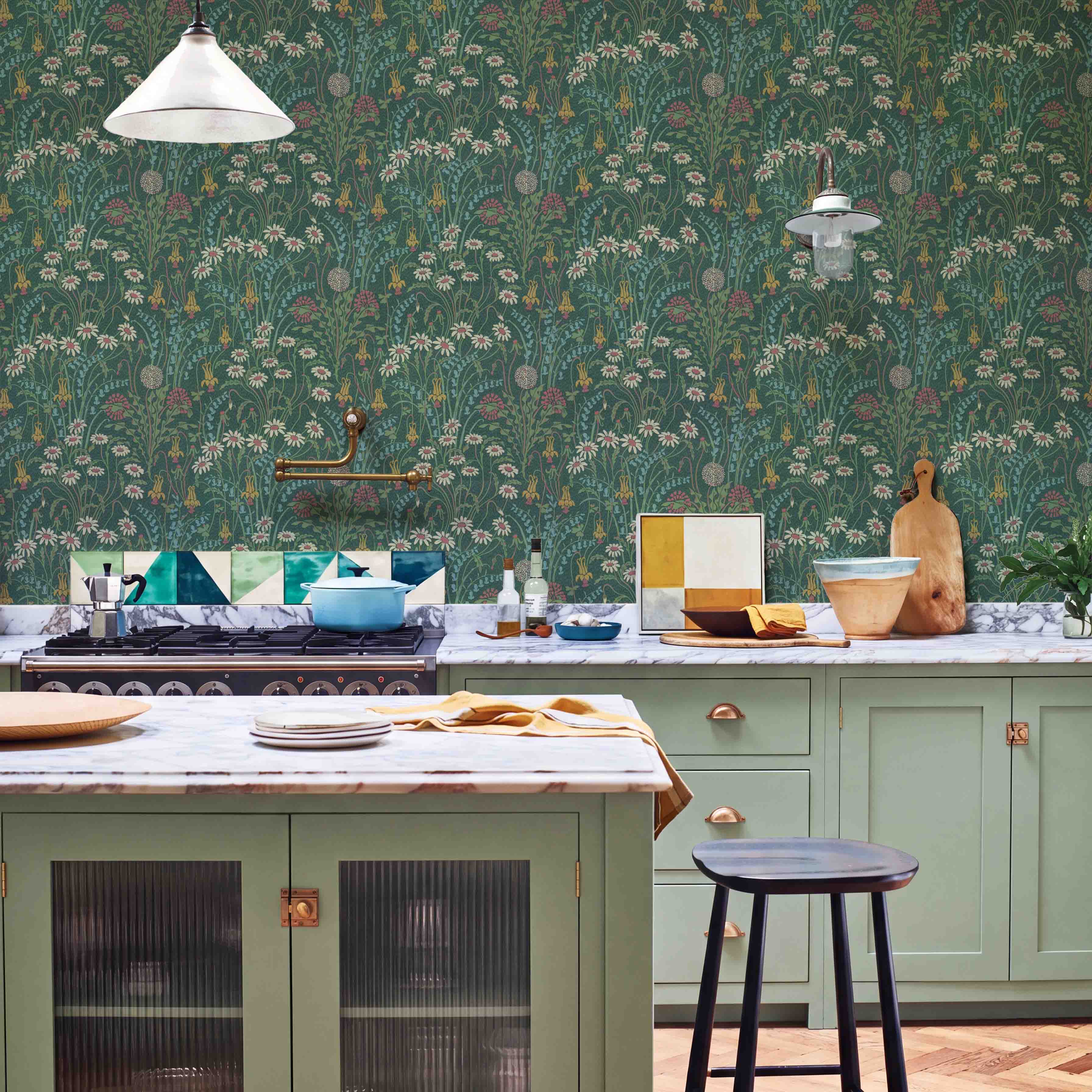 V&A Flower Meadow - Forest Green Wallpaper