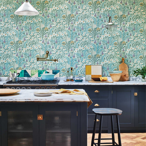 V&A Flower Meadow - Celeste Turquoise Wallpaper