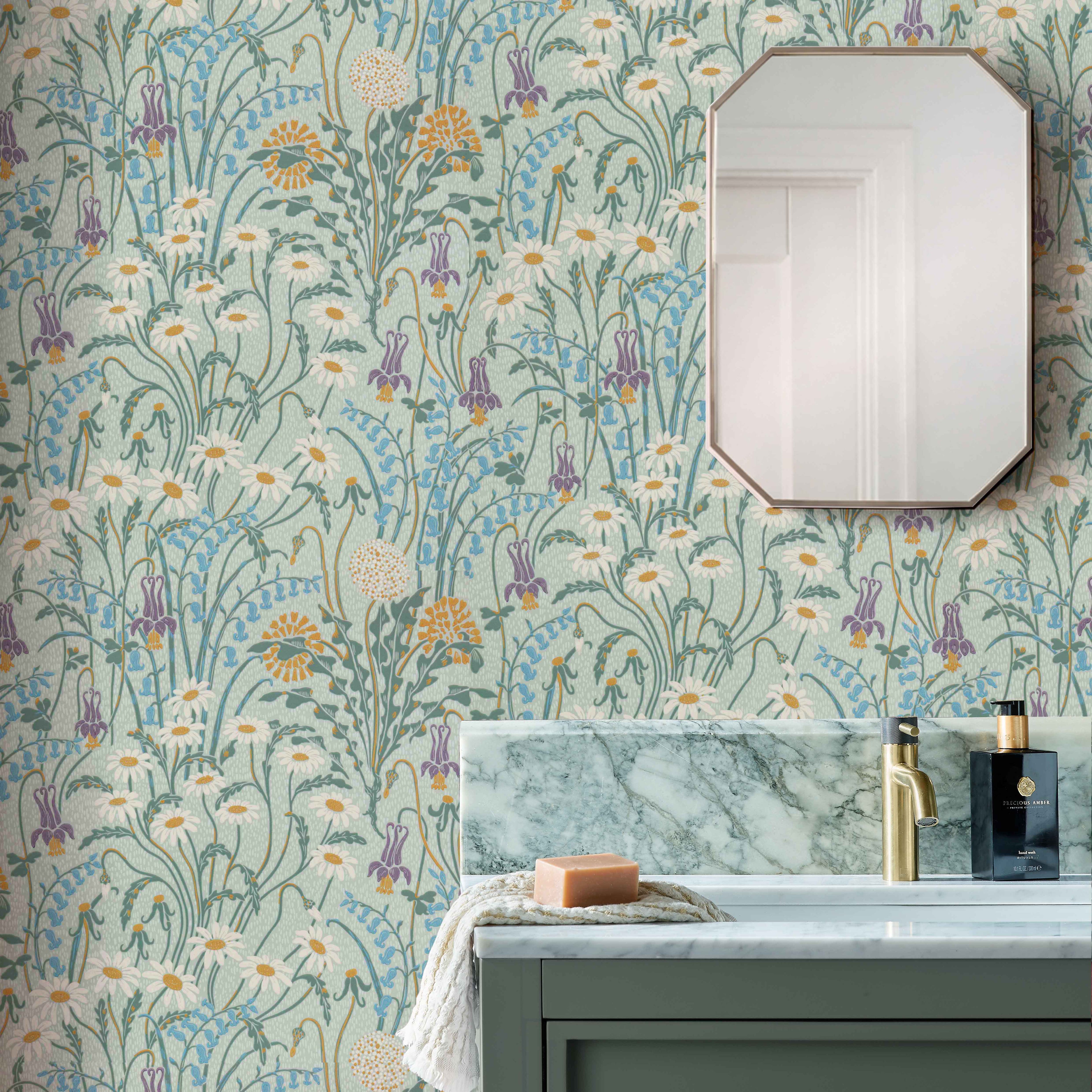 V&A Flower Meadow - Celeste Turquoise Wallpaper