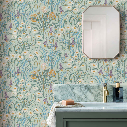 V&A Flower Meadow - Celeste Turquoise Wallpaper
