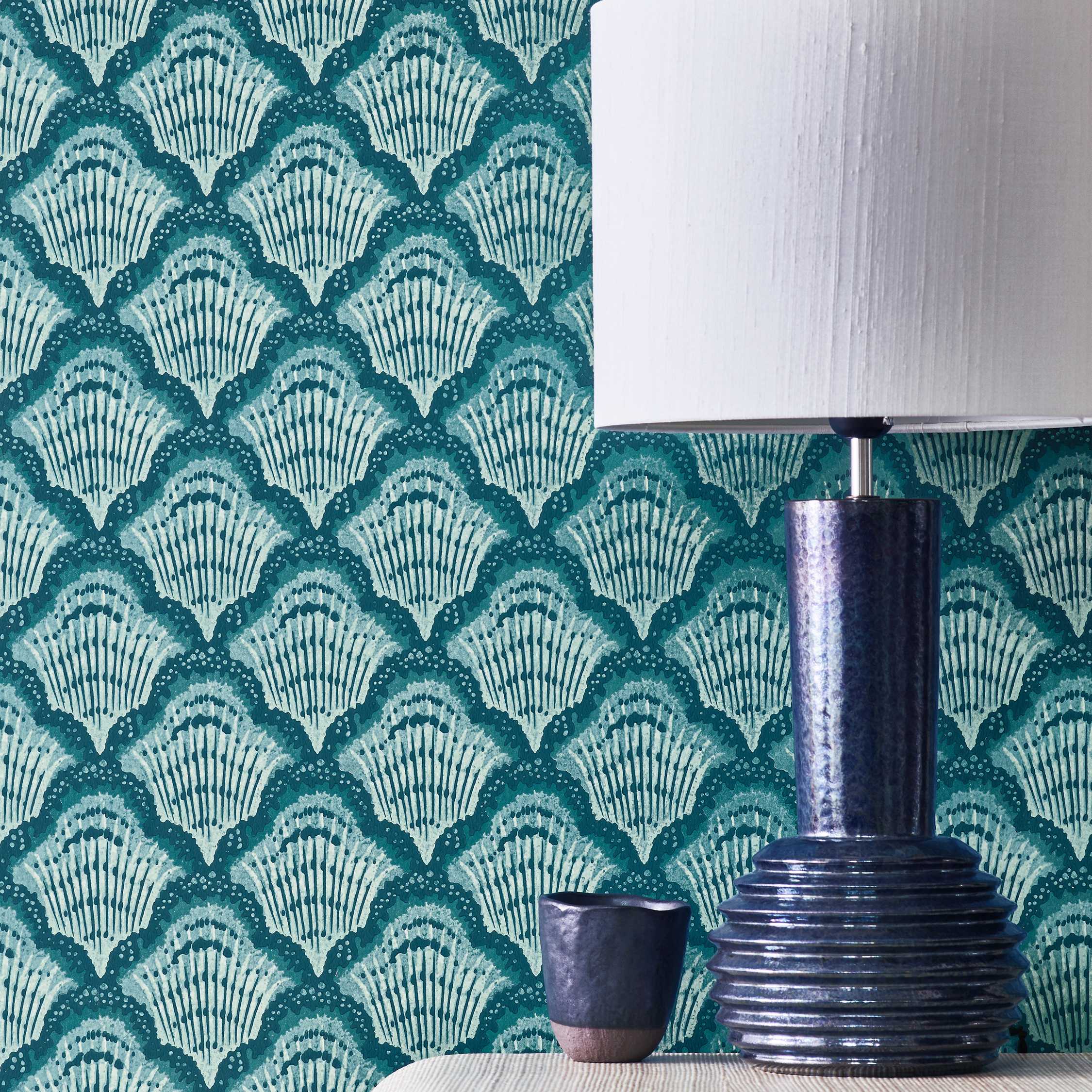 Calico Shell - Aqua | V&A Wallpaper | 1838 Wallcoverings