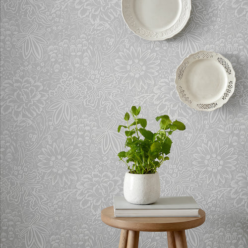 V&A Peony Garden - Pewter Grey Wallpaper