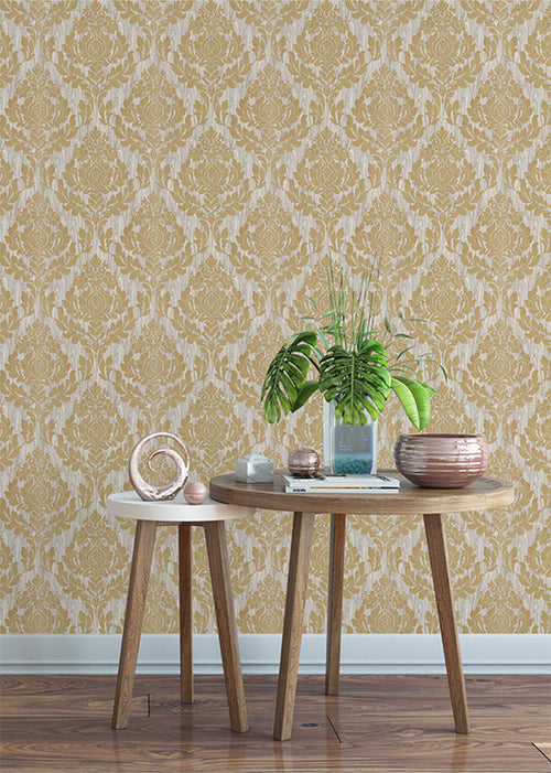 Faversham Natural Gold Luxury Flock Wallpaper