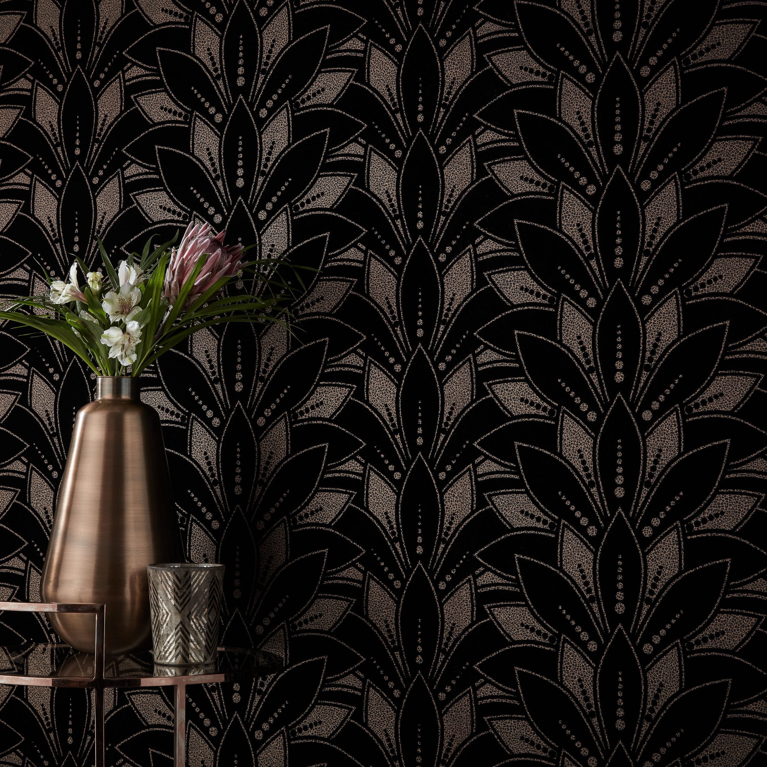 Astoria Jet Black Luxury Flock Wallpaper