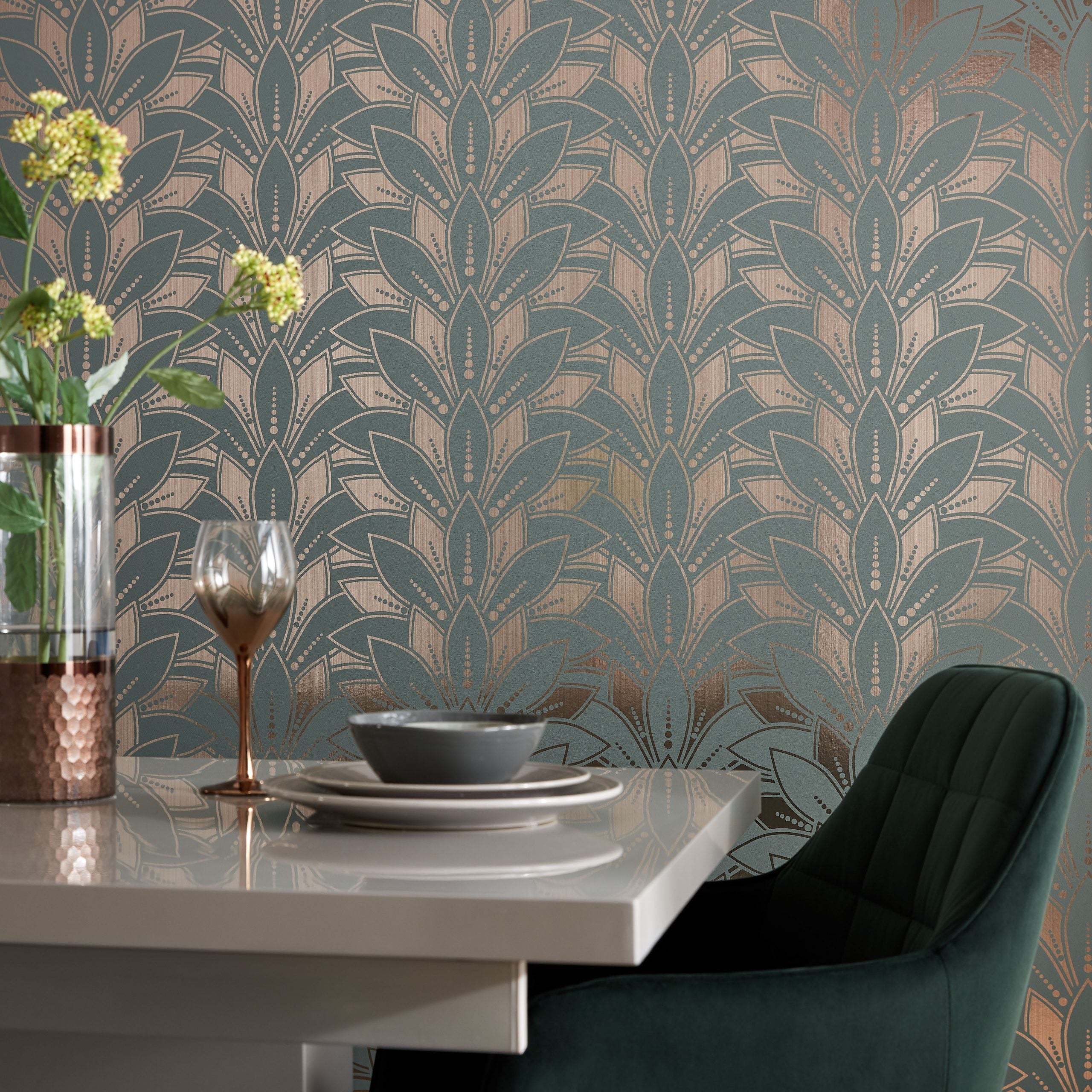 Astoria Neo Mint Green and Gold Luxury Foil Wallpaper