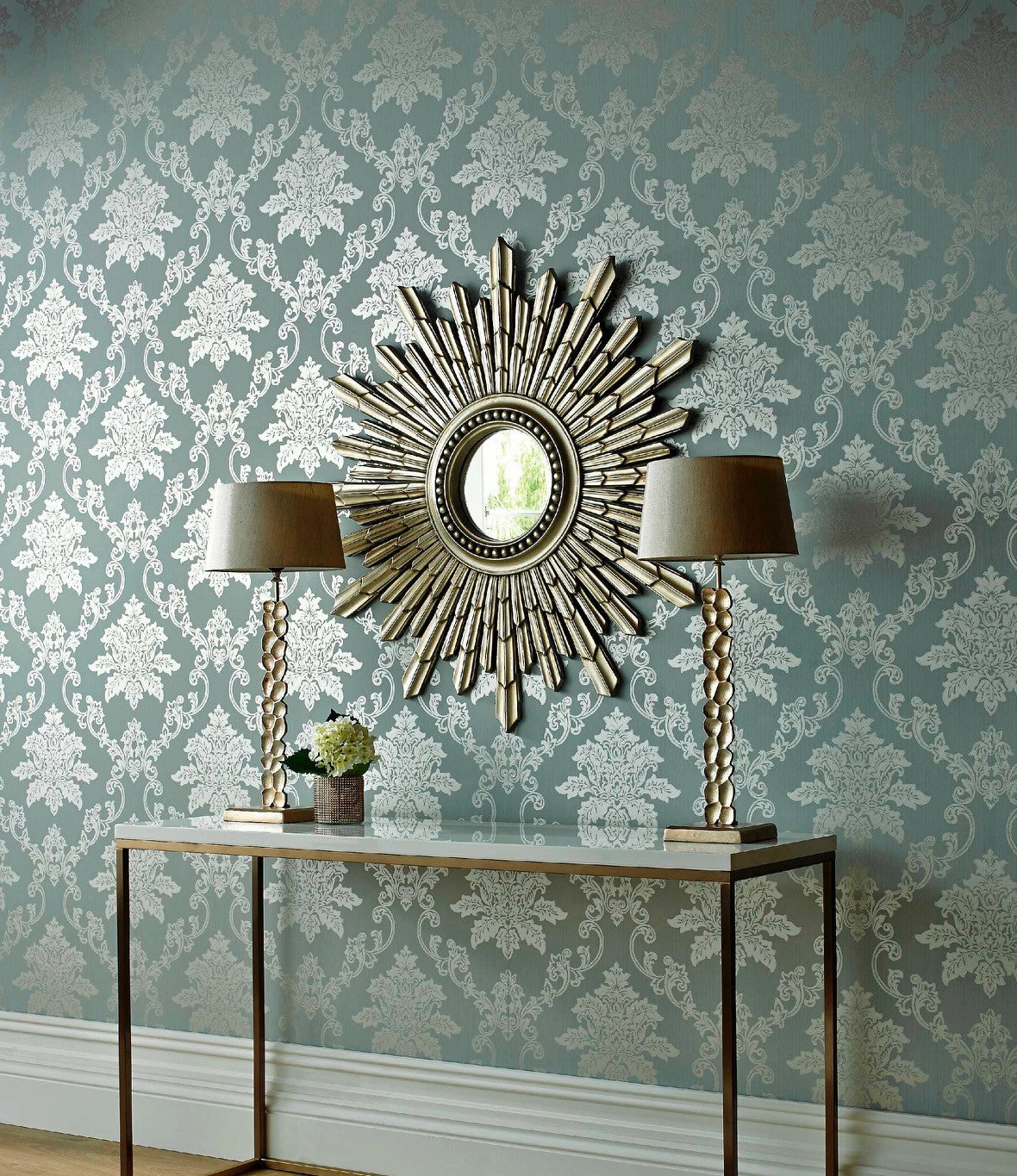Hampton Duck Egg Blue Luxury Damask Wallpaper