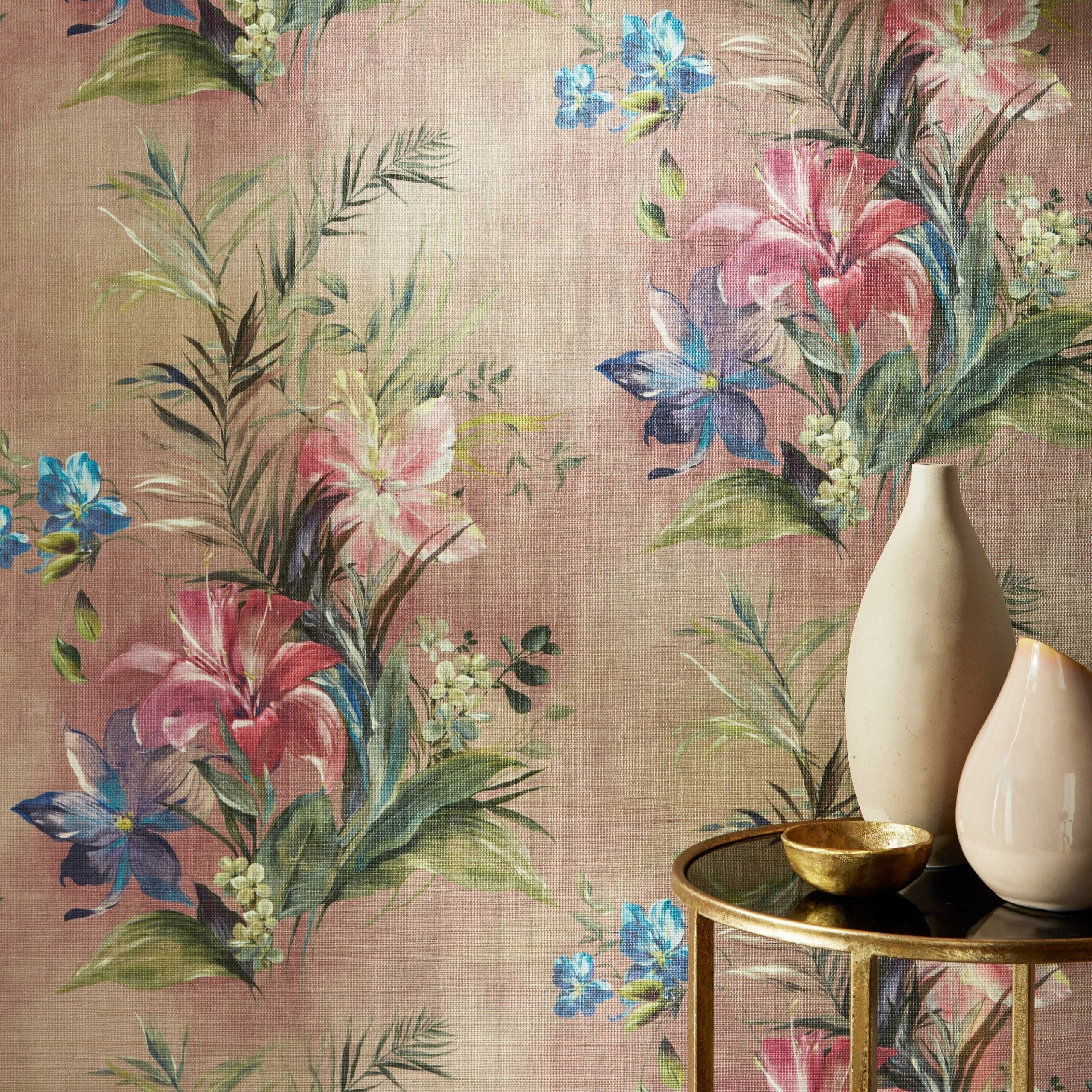 Lilliana Blush Pink Luxury Floral Grasscloth Wallpaper