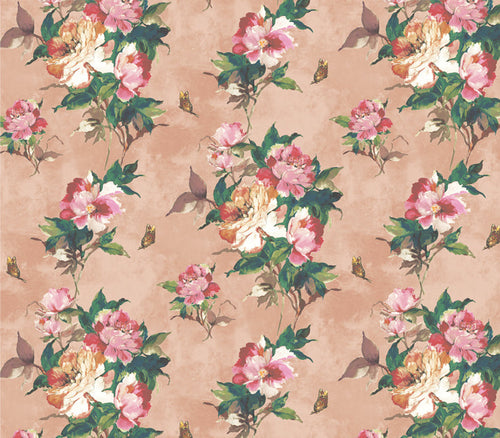Madama Butterfly Coral Rose Gold Luxury Floral Wallpaper