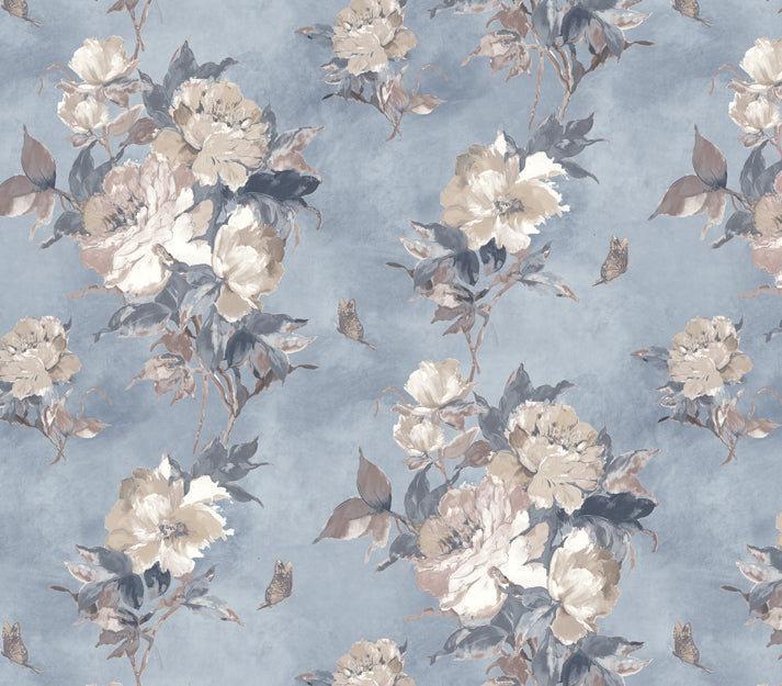 Madama Butterfly Denim Blue Luxury Floral Wallpaper
