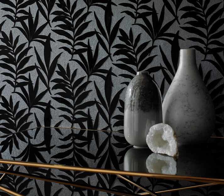 Verdi Ebony Black Luxury Flock Wallpaper