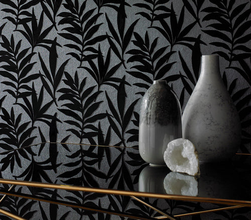 Verdi Ebony Black Luxury Flock Wallpaper